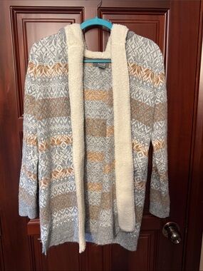 Natural Reflections Gray & Tan Patterned Open-Front Shawl Cardigan